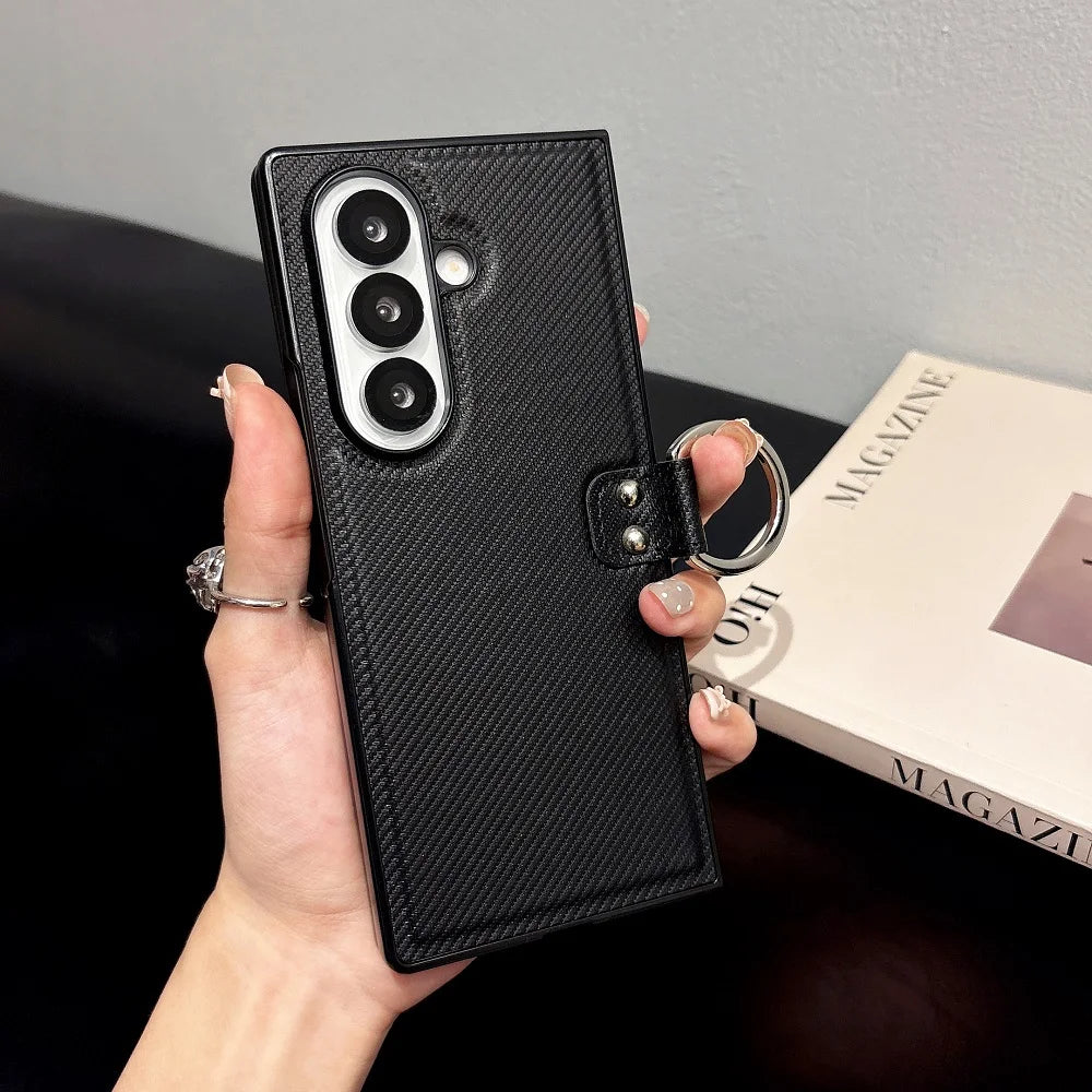 Luxury PU Leather Ring Bracket Phone Case For Samsung Galaxy Z Fold 7 6 5 4 3 Solid Color Shockproof Protection Folding Cover