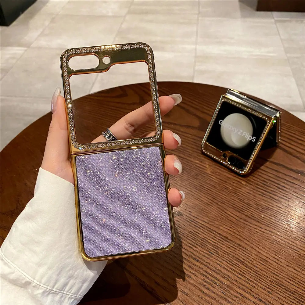 Luxury Bling Diamond Leather Plating Case For Samsung Galaxy Z Flip 6 Flip 5 Flip 3 4 Shockproof Cover Funda