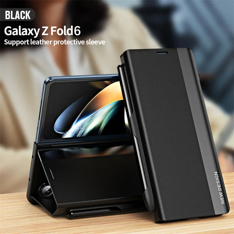 With S Pen & Pen Slot PU Leather Electroplating Holder Phone Case For Samsung Galaxy Z Fold 6 5 4 3 5G Fold6 Magnetic Flip Cover