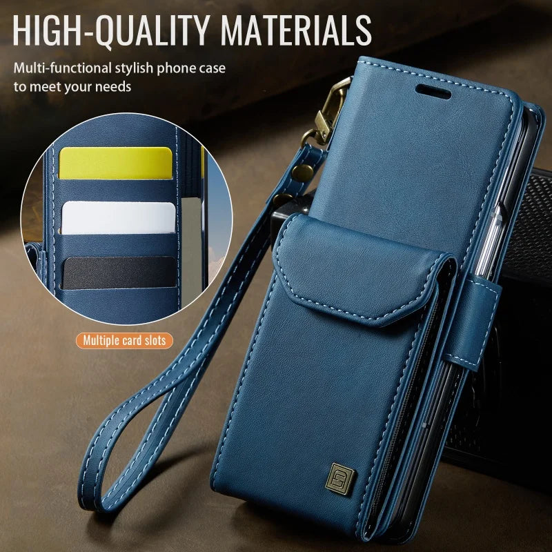 Wrist Strap Leather Wallet Phone Case for Samsung Galaxy Z Fold 8 Ultra 7 6 5 Fold8 Fold7 Fold6 Cards Holder Funda Cover Hoseje