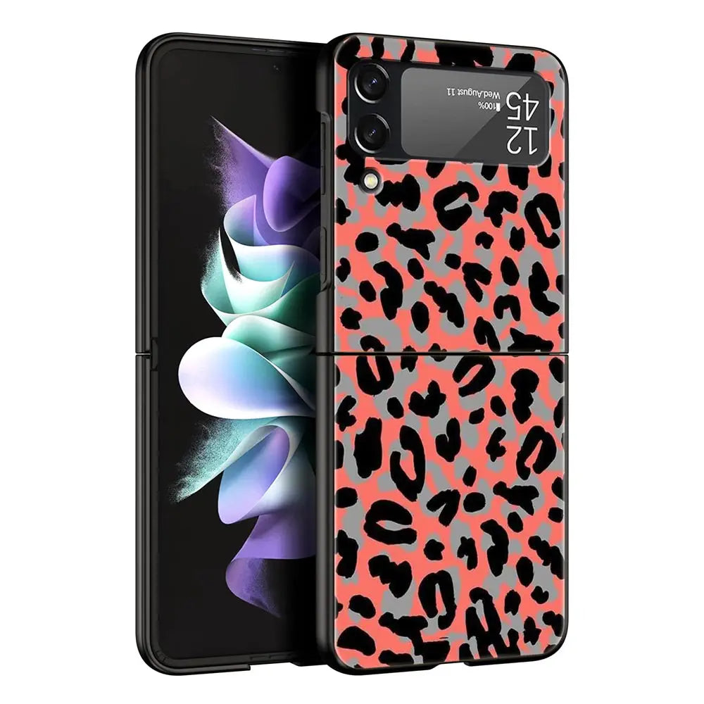 Leopard Print Pattern Phone Case For Samsung Galaxy Z Flip3 Flip4 Flip5 Shell For Z Flip 3 Flip 5 4 5G Black Hard Folding Cover