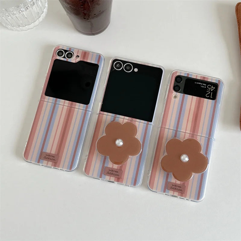 Fashion Brown Stripe Phone Case For Samsung Z Flip 7 6 5 4 Cover with Flower Stand Holder Chain Cute Cases For Galaxy Flip7 Capa
