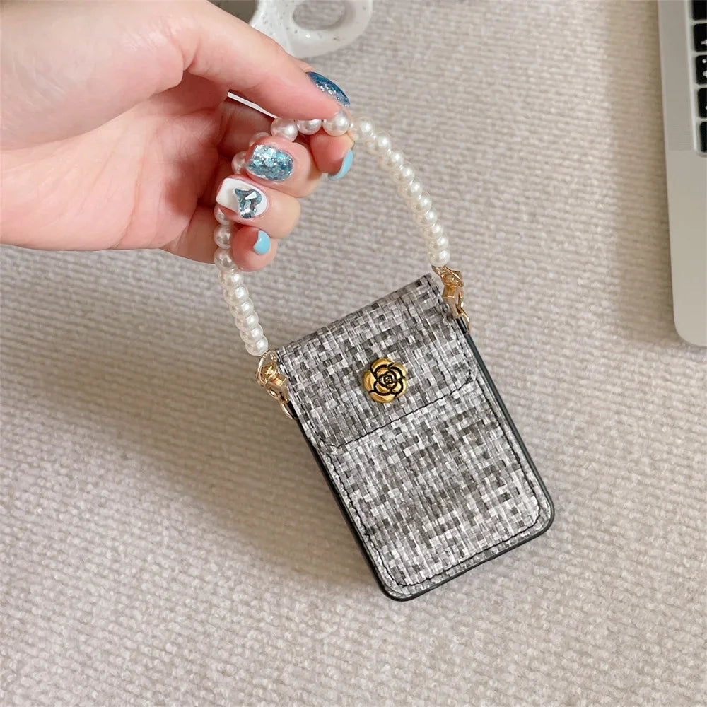 For Samsung Galaxy ZFlip7 Z Flip 7 6 5 4 3 Flip6 Flip5 Flip4 Flip3 5G Case Luxury Texture PU Leather Card Holder Wrist Strap