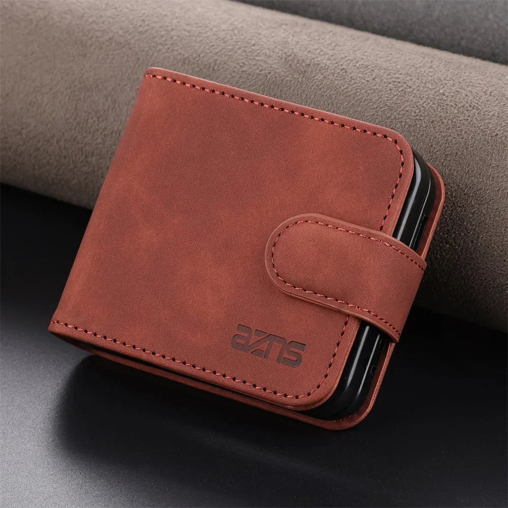 Simple Retro Pure Color Leather Phone Case For Samsung Galaxy Z Flip 7 6 5 4 3 Card Slot Bracket Wallet Shockproof Protect Cover