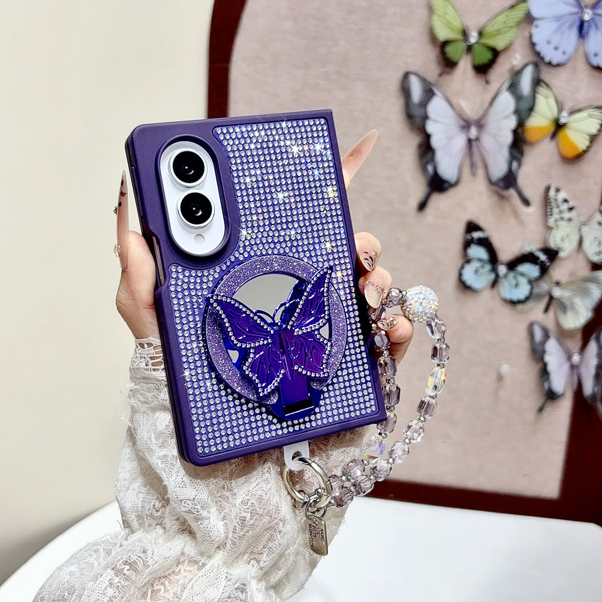 Full Diamond Butterfly Mirror Stand‌ Phone Case for Samsung Galaxy Z Fold8 Fold 8 Wide Shockproof Fashion Strap Slim Fit Cover