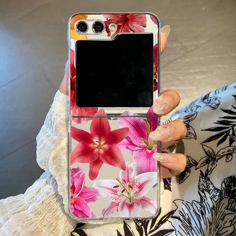 INS Pink Lily Flower Pattern Phone Case For Samsung Galaxy Z Flip 7 6 5 3 4 Hibiscue Clear Hard PC Folding Cover For Z Flip 5