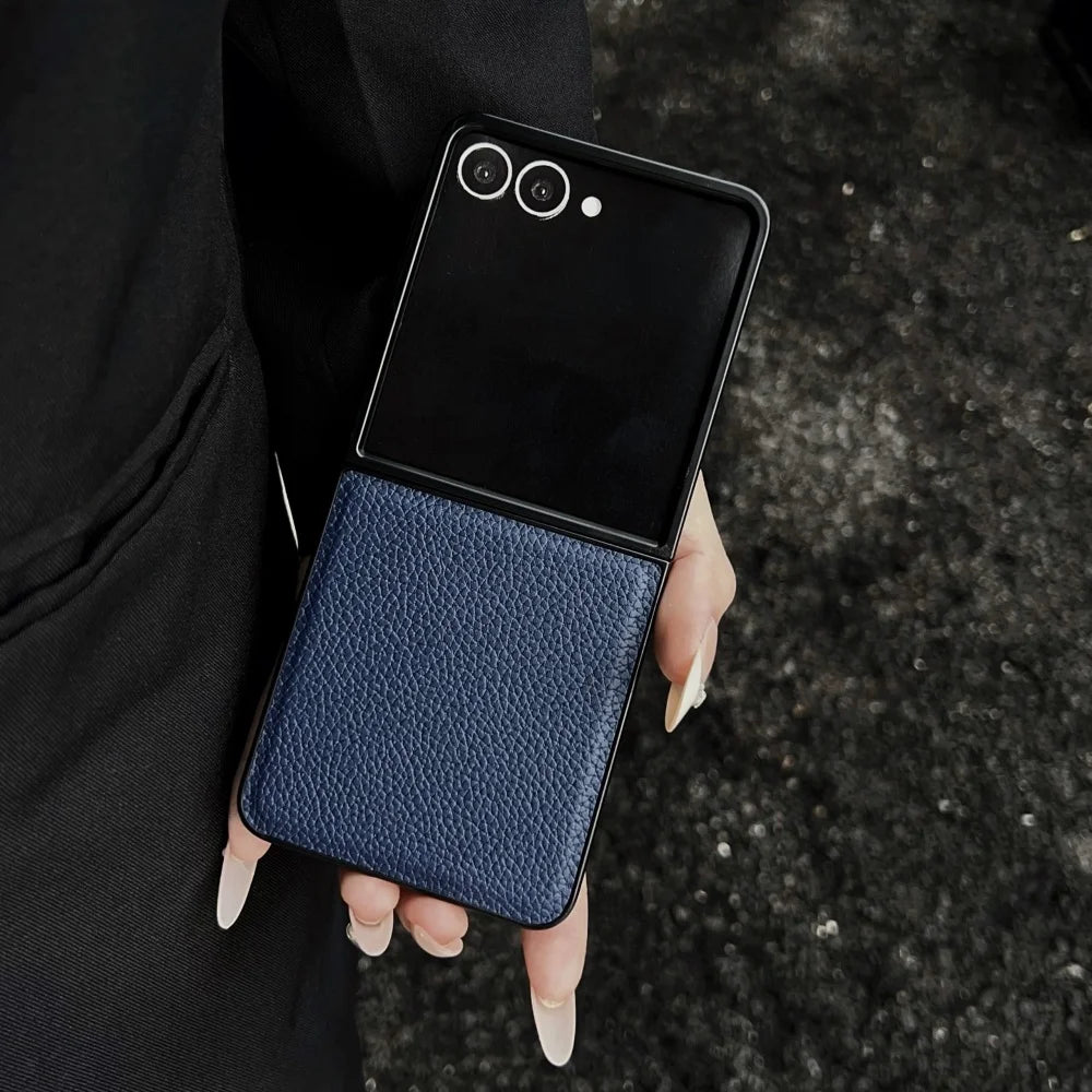 Luxury Lychee Pattern Leather Phone Case For Samsung Galaxy Z Flip 7 6 5 4 3 5G Shockproof Soft Cover For ZFlip6 Flip5 Flip4