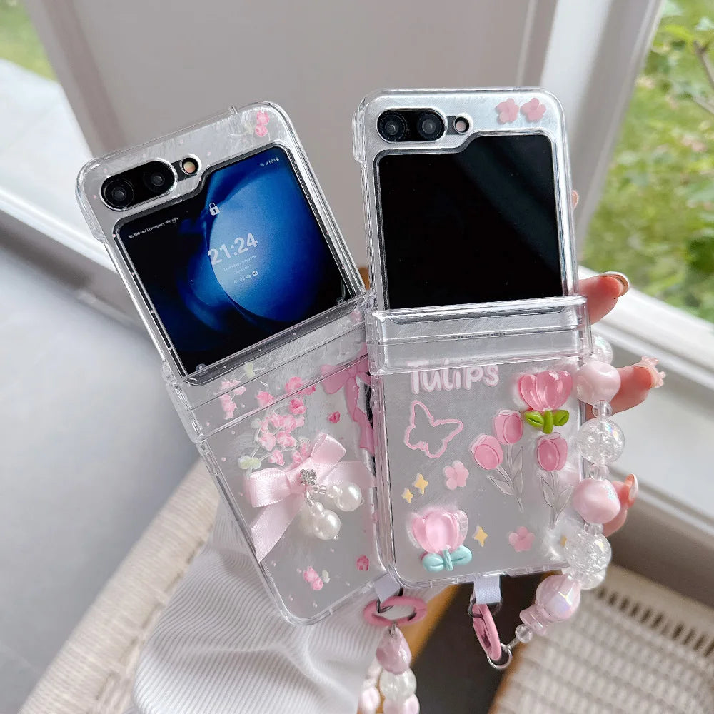 Korean Cute Bowkont Flower Ornament Hinge Phone Case For Samsung Galaxy Z Flip 7 6 5 Flip6 Flip5 Flip7 Cases Cover with Chain