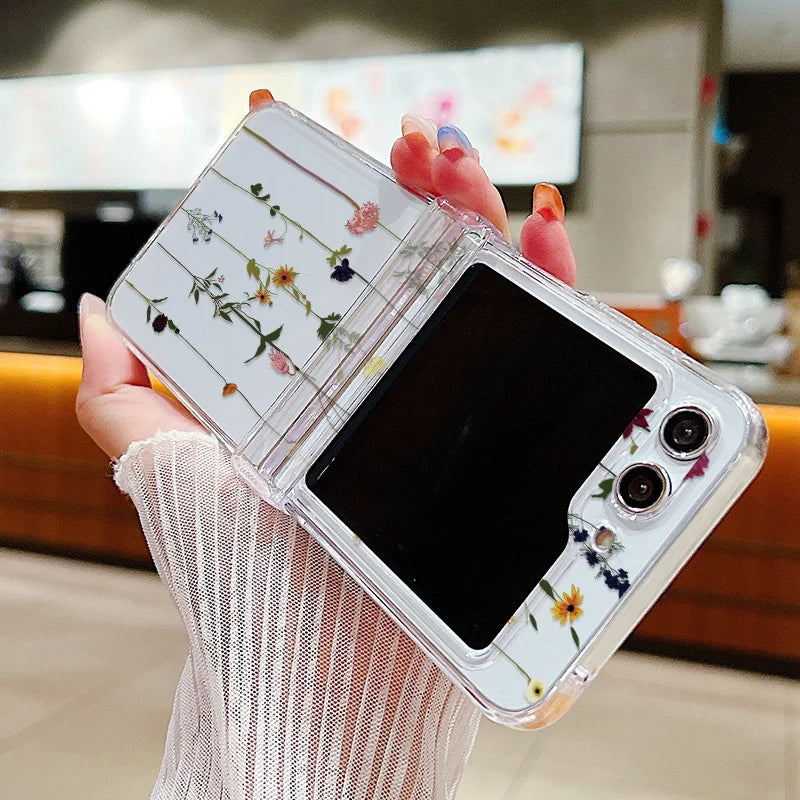 Flower Pattern Folding Case For Samsung Galaxy Z Flip7 FE Flip7 Flip6 Clear Shockproof Cover For Samsung Galaxy Z Flip 7 6 5 4 3