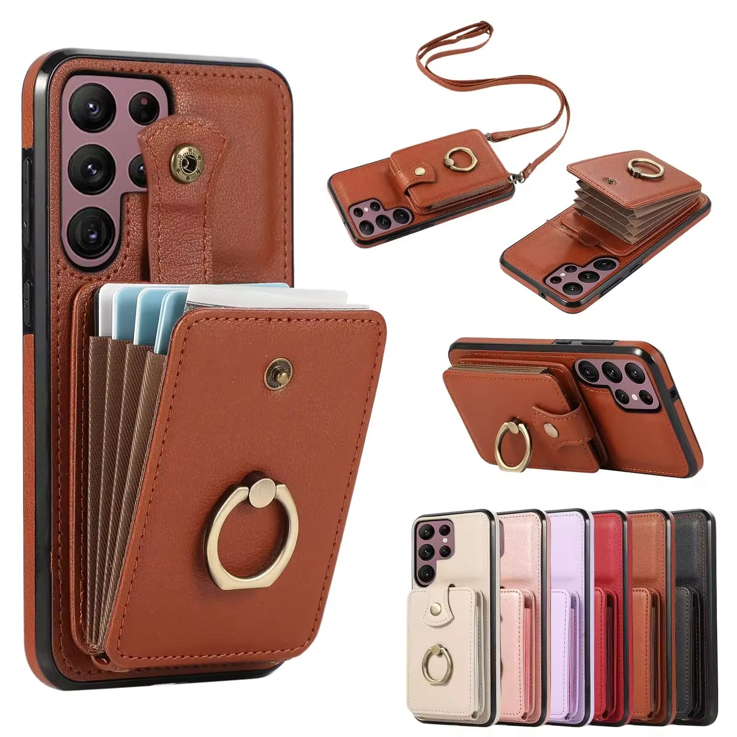 For Samsung Galaxy S25 24 23 22 Ultra/Note 10/20 Ultra/S20 FE/S10 Case Wallet with Card Holder, 360°Rotation Finger Ring Holder