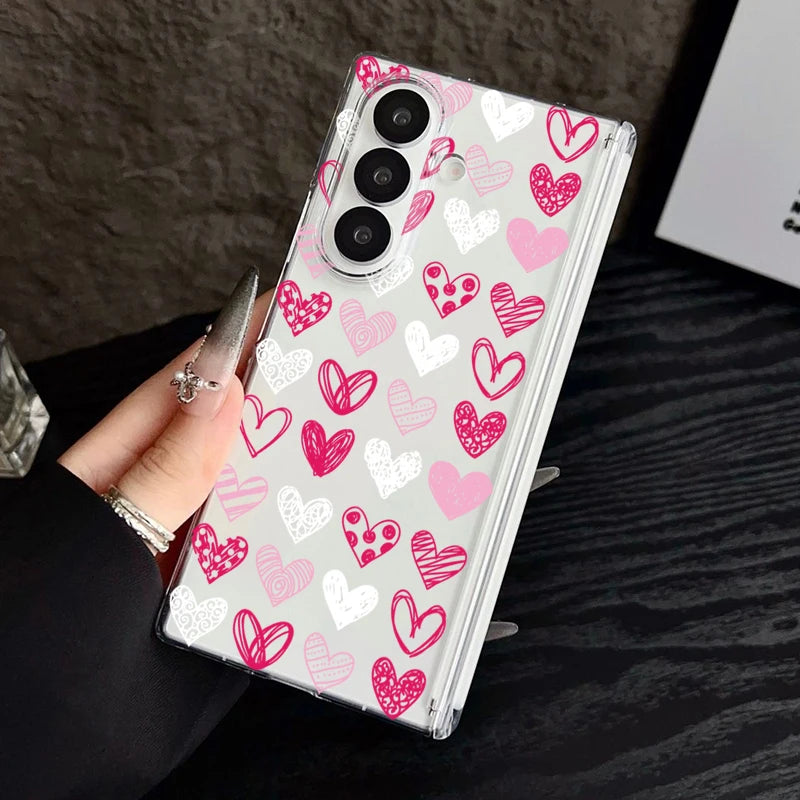 Magnetic Adsorption Clear Phone Case For Samsung Galaxy Z Fold 7 6 5 Fold7 Fold6 Fold5 5G Colorful Love Heart Pattern Hard Cover