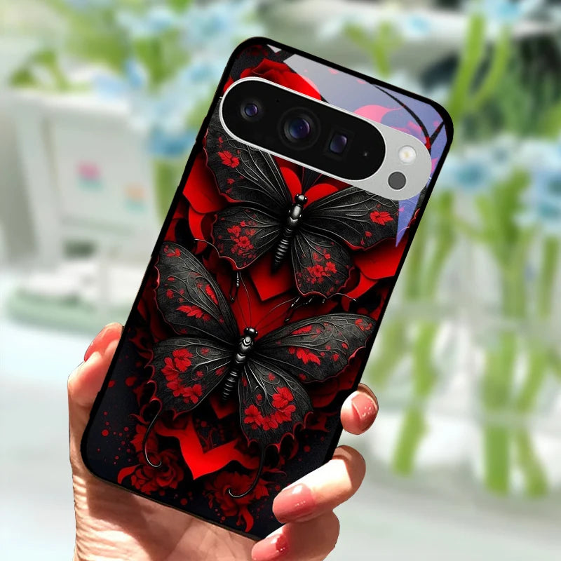 Fashion Glass Case For Google Pixel 9 Pro XL Tempered Glass  Black Phone Cover For Google Pixel 9a Pixel9 Funda Protector Cases