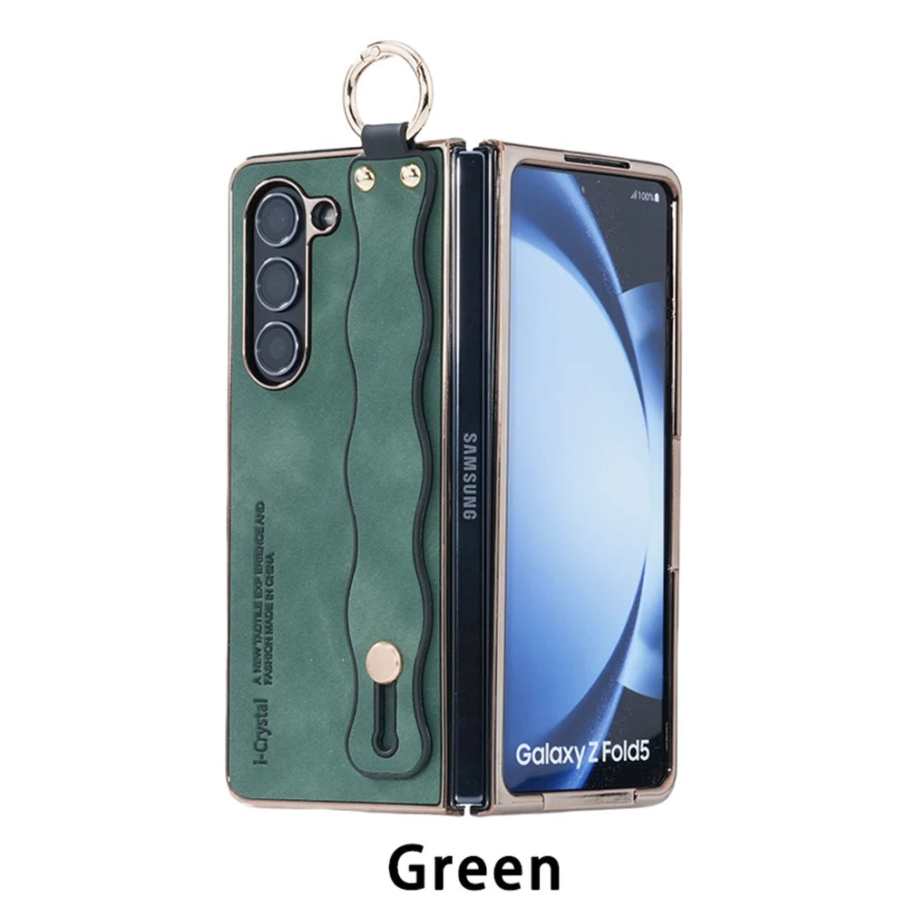 for Z Fold 7 Fashion Wave Wristband Leather Folding Case For Samsung Galaxy Z Fold 3 4 5 6 Zfold6 Fold7 Ring Buckle Holder Cover