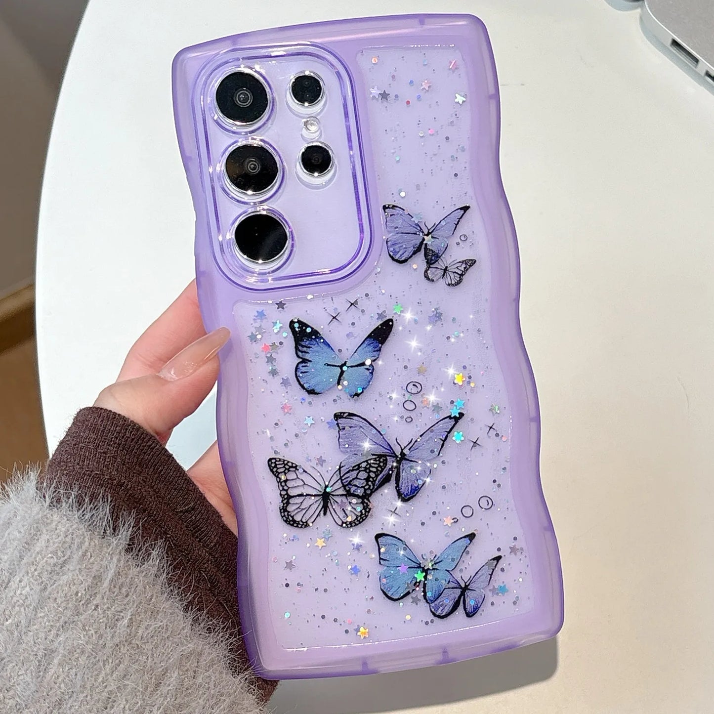 Glitter Starry Sky Butterfly Resin Irregular Wavy Edge Phone Case for Samsung Galaxy S 22 23 24 25 Ultra Plus FE Anti-drop Cover
