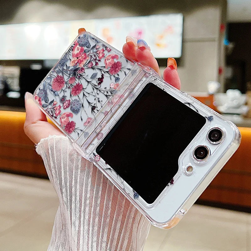 Flower Pattern Folding Case For Samsung Galaxy Z Flip7 FE Flip7 Flip6 Clear Shockproof Cover For Samsung Galaxy Z Flip 7 6 5 4 3