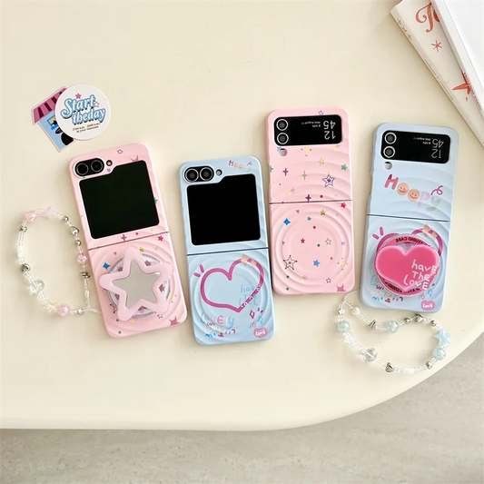 Korean Cute Star Magnetic Stand Holder Phone Case For Samsung Galaxy Z Flip 7 6 5 4 3 Flip5 Flip6 Flip7 Cover Cases with Chain