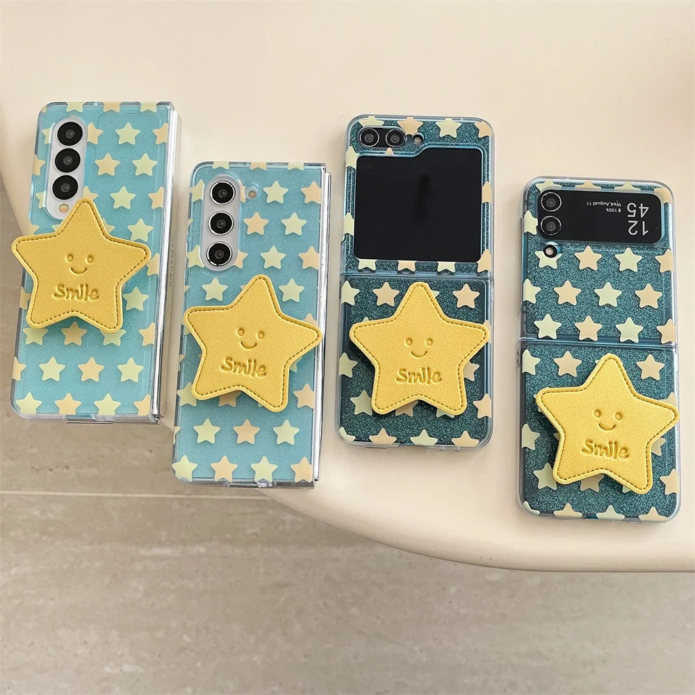 Star Folding Bracket Cartoon Glitter Case For Samsung Galaxy Z Flip7 Flip 6 5 4 3 ZFold 7 6 5 Shockproof Epoxy Bumper Soft Shell