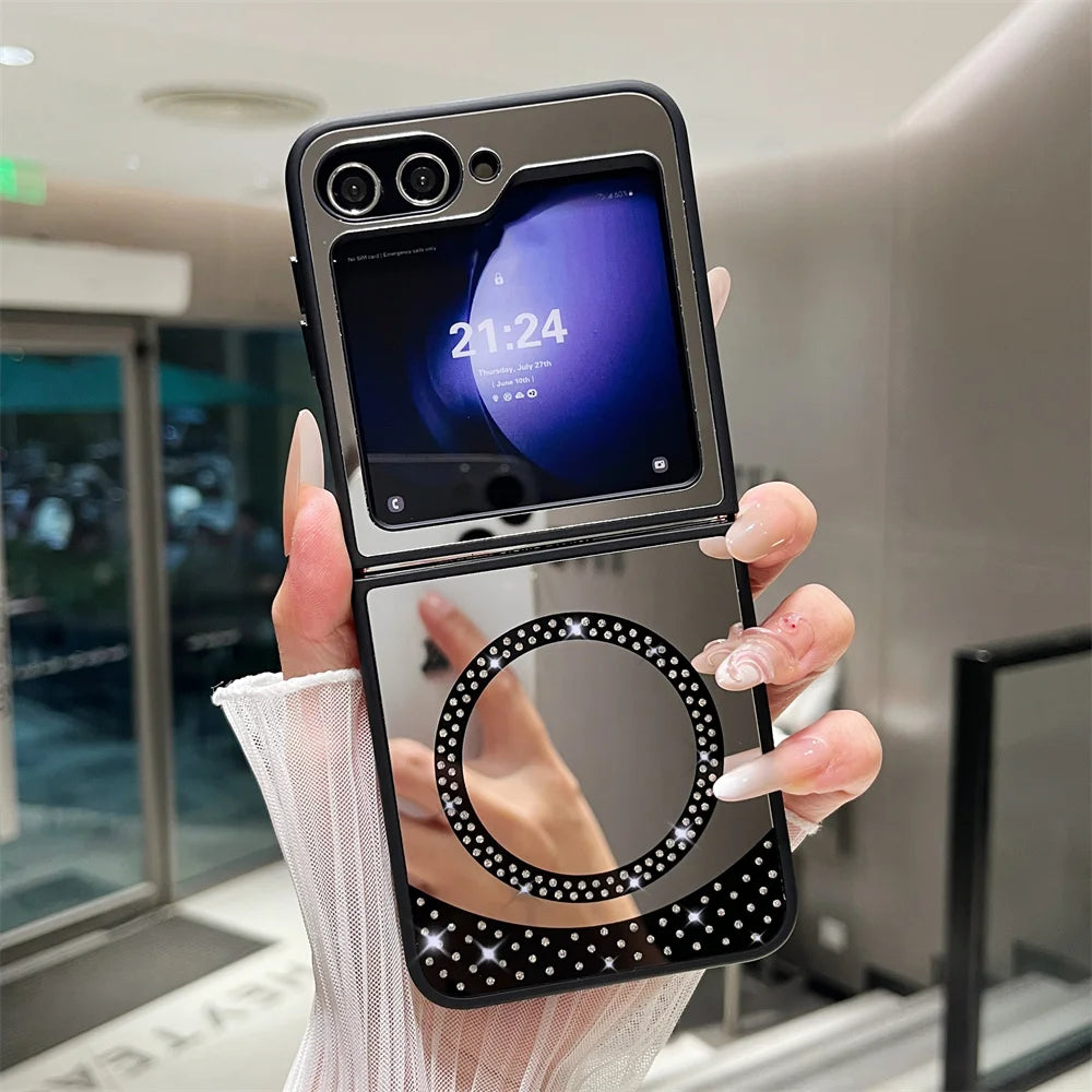 For Magsafe Glitter Diamond Magnetic Case For Samsung Z Flip 6 5 flip 4 3 flip6 zflip6 5G Wireless Charging Make Up Mirror Cover