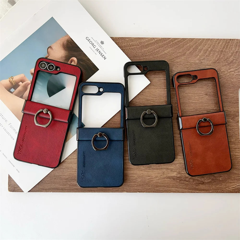 For Samsung Z Flip6 Flip 7 6 5 Luxury Leather Ring Holder Phone Case for Galaxy Z Flip7 Z Flip 5 4 3 3in1 Hinge Protection Cover
