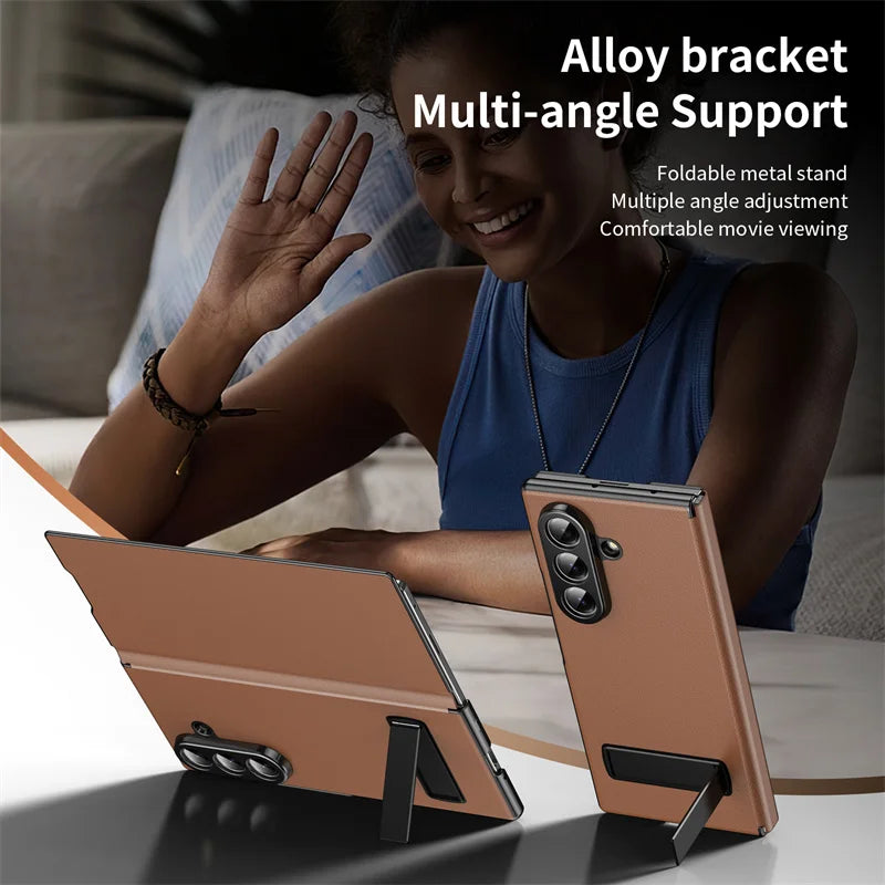 Business Leather Invisible Bracket Phone Case For Samsung Galaxy Z Fold 6 5 7 Stand Holder Bumper Thin Cover For Galaxy Fold 4 3