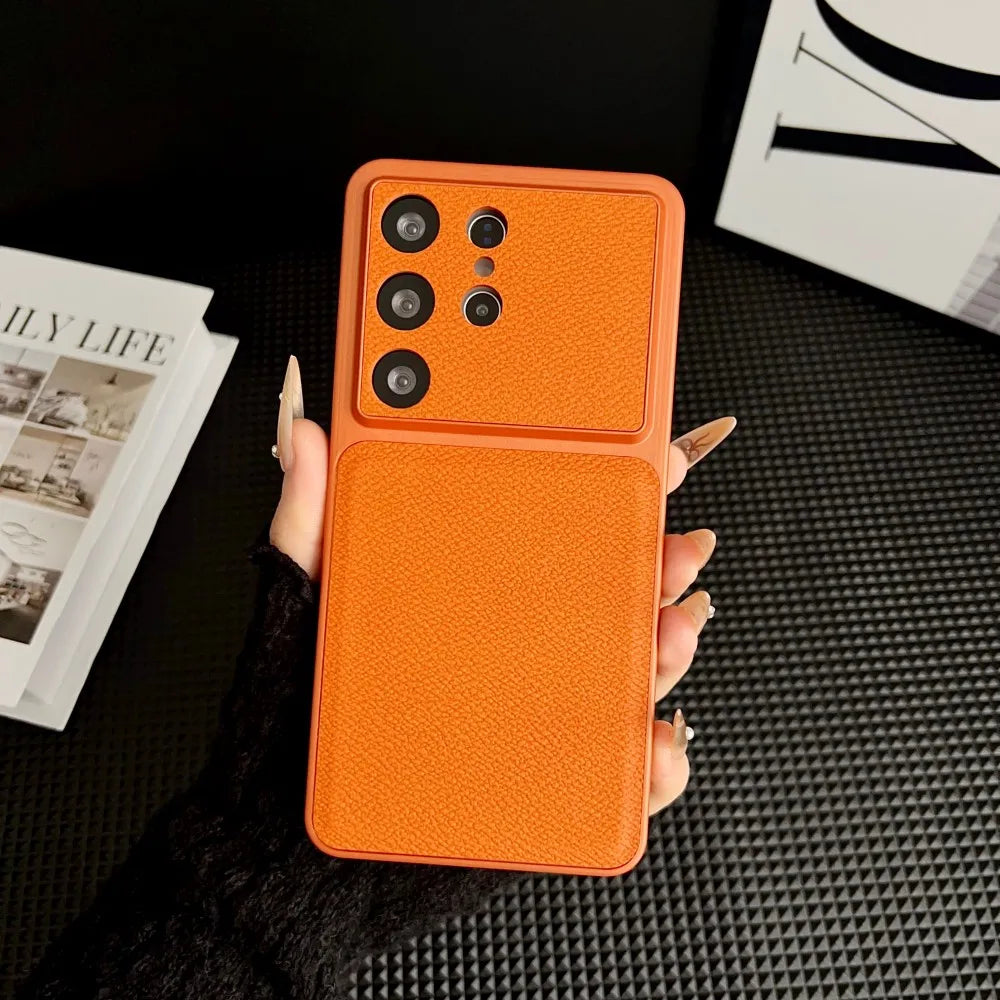 Light luxury Leather Thin Phone Case For Samsung Galaxy S26 Ultra S25 Plus S24 FE Large Window Camera Protection Matte Cover