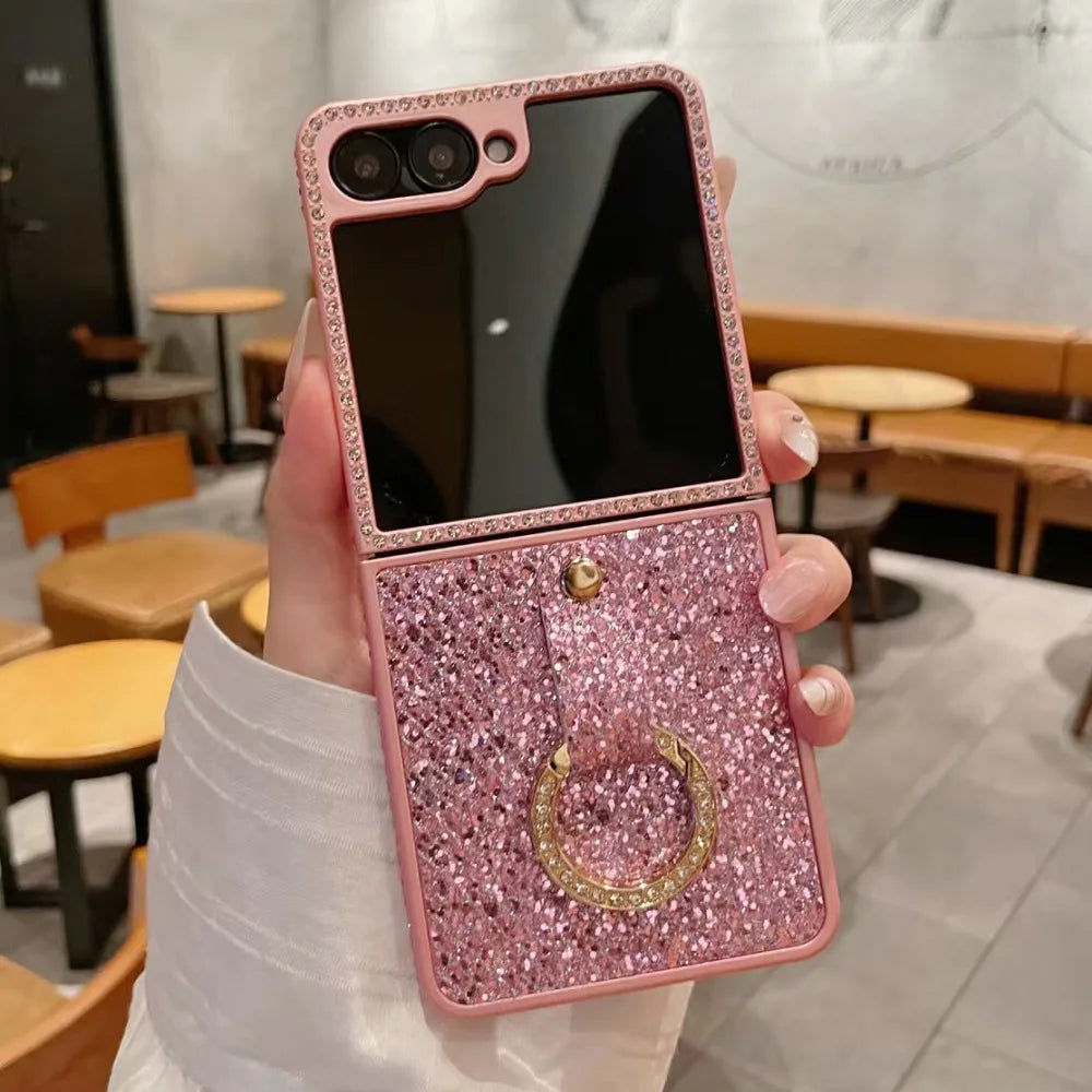 Luxury Shiny Diamonds Ring Phone Case For Samsung Galaxy Z Flip 7 6 5 4 Glitter Shockproof Protective Folding Cover