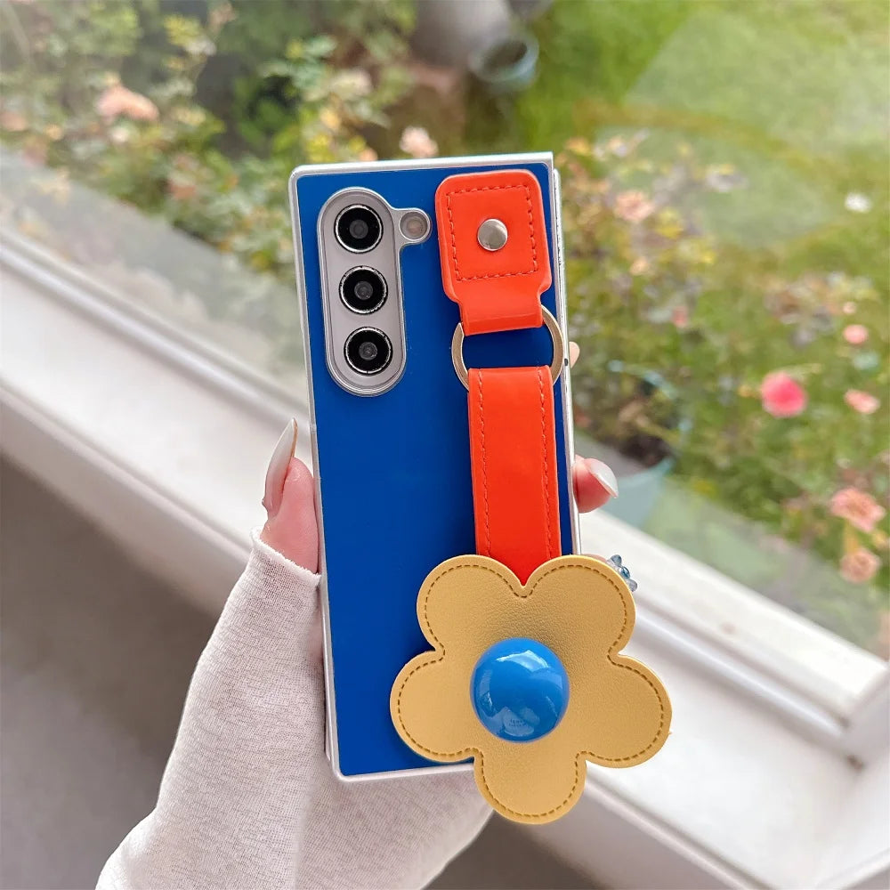 For Samsung Galaxy Z Fold7 Fold 7 6 5 4 3 Zfold6 3D Flowers Leather Wristband Phone Case Plating Silver Frame Shockproof Cover