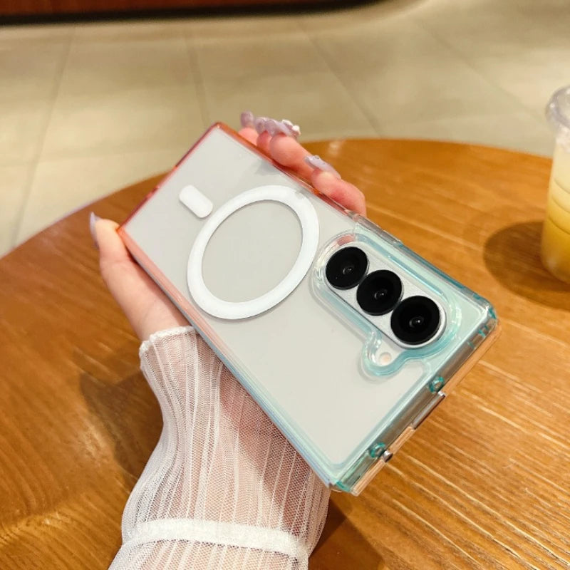 Magnetic Gradient Color Case For Samsung Galaxy Z Fold 3 4 5 6 7 ZFold7 ZFold6 2-Piece Set For Magsafe Wireless Charge Cover