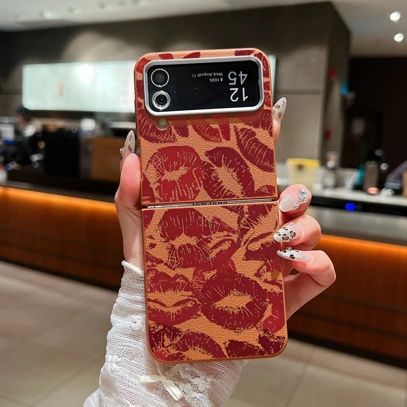 Red Lips Print Folding Phone Case For Samsung Galaxy Z Flip 6 5 4 3 Leather Texture TPU Cover For Samsung Z Flip6 Flip5 Flip4 5G