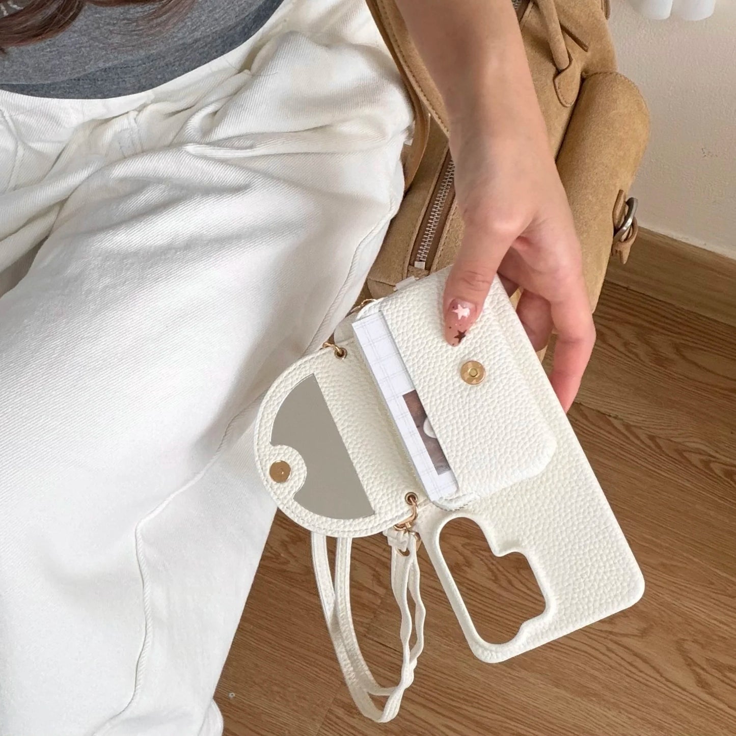 Crossbody Long Lanyard Leather Cards Bag Case for Samsung S26 Ultra S25 S24 Plus A17 A07 A57 A37 Built in Makeup Mirror Cover