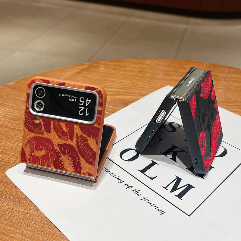 Red Lips Print Folding Phone Case For Samsung Galaxy Z Flip 6 5 4 3 Leather Texture TPU Cover For Samsung Z Flip6 Flip5 Flip4 5G