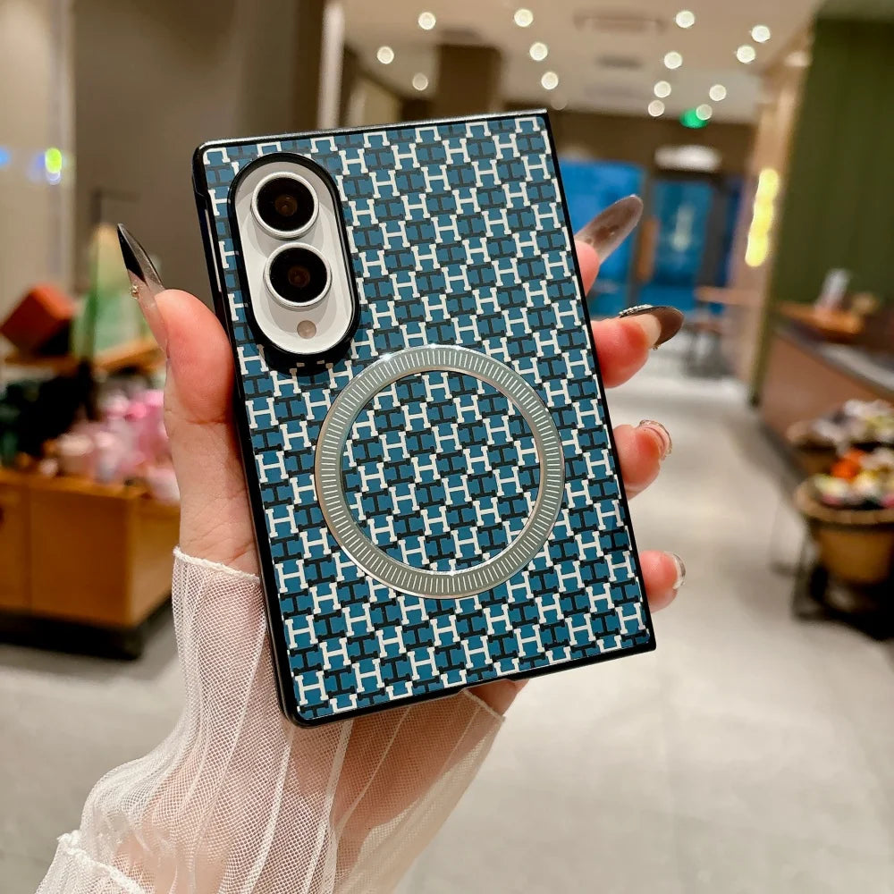 For Magsafe Magnetic Phone Case For Samsung Galaxy Z Fold 8Ultra Double Axis Rainbow Bridge Leather Grain Hinge Shockproof Cover