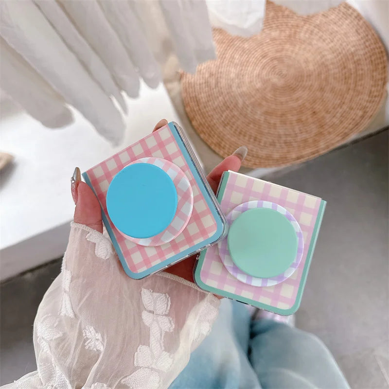 Korean Color Plaid Pattern Magnetic Phone Case For Samsung Galaxy Z Flip 7 6 5 4 Flip6 Flip7 Cover with Magsafe Stand Cases Capa