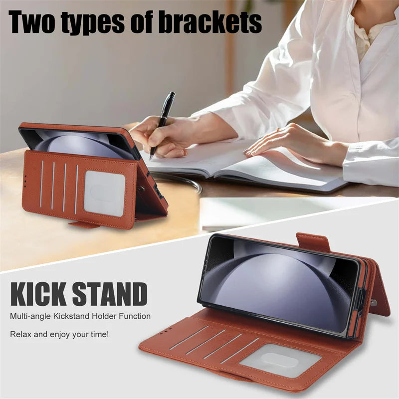 For Samsung Galaxy Z Fold 7 6 Leather Foldable Card Insert Pen Slot Phone Case For Z Fold5 Z Fold 3 4 Flip MultiFunctional Stand