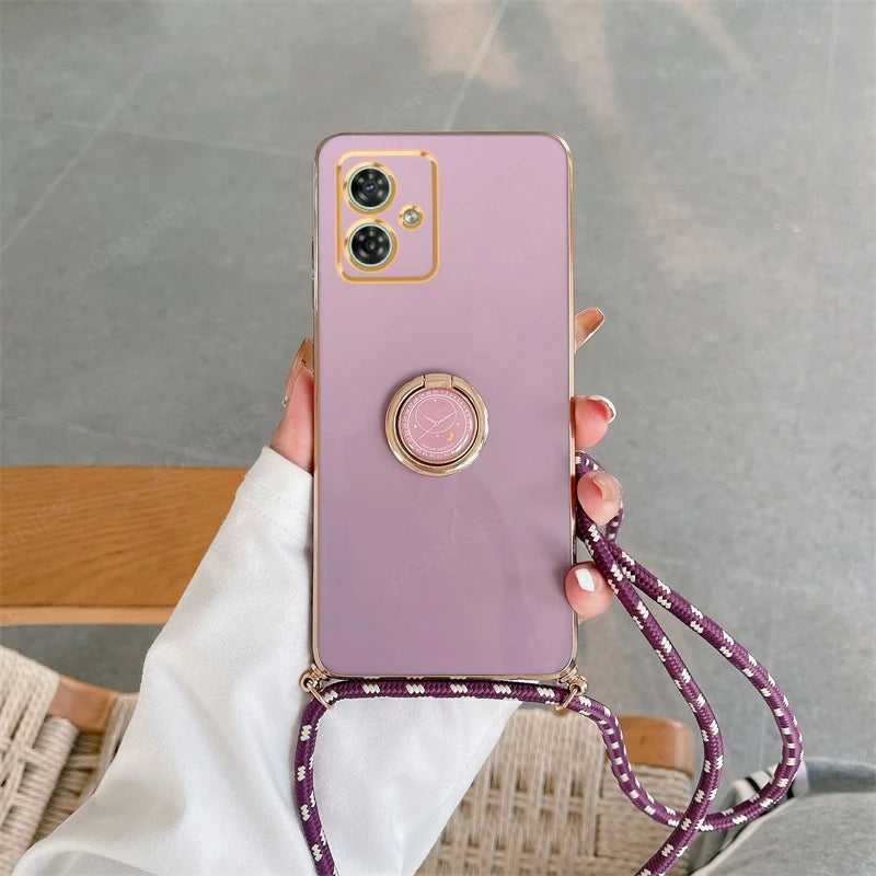 G 84 54 Luxury Plating Crossbody Lanyard Case For Motorola Moto G54 G84 5G Ring Holder Back Cover