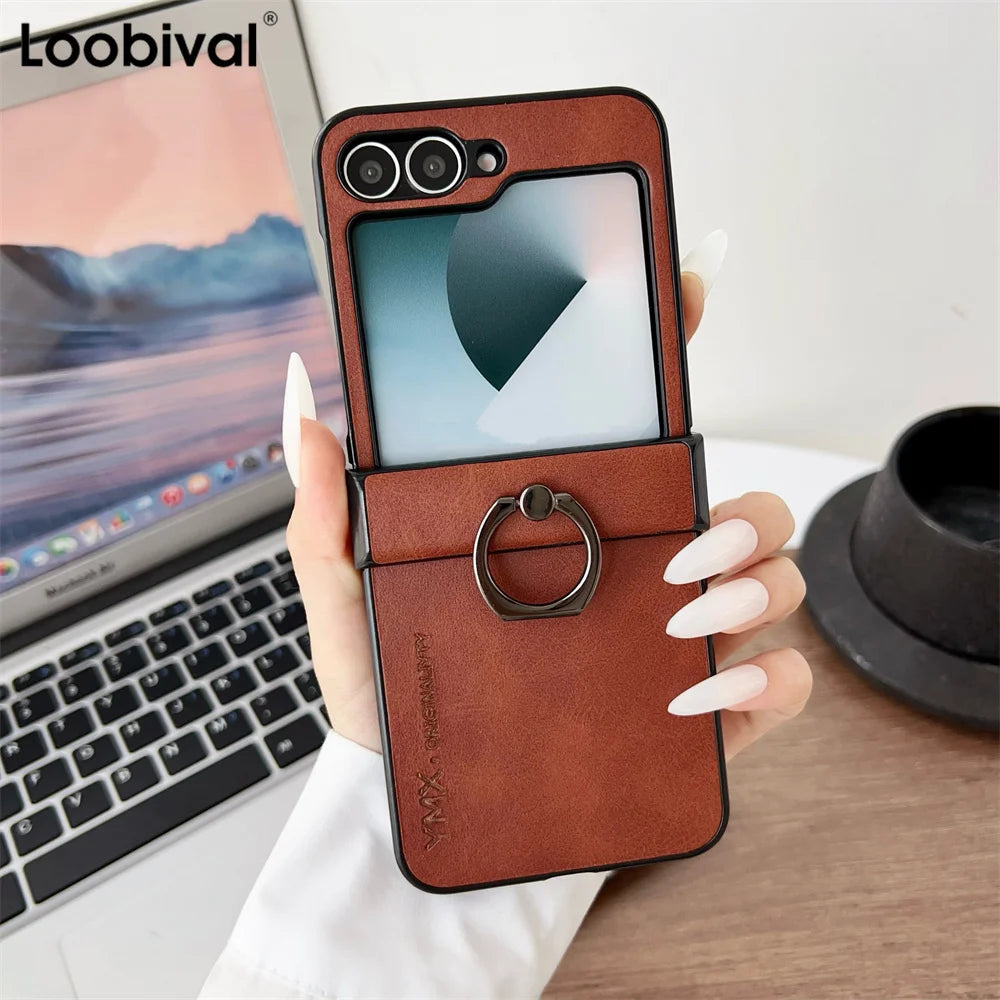 For Samsung Z Flip6 Flip 7 6 5 Luxury Leather Ring Holder Phone Case for Galaxy Z Flip7 Z Flip 5 4 3 3in1 Hinge Protection Cover