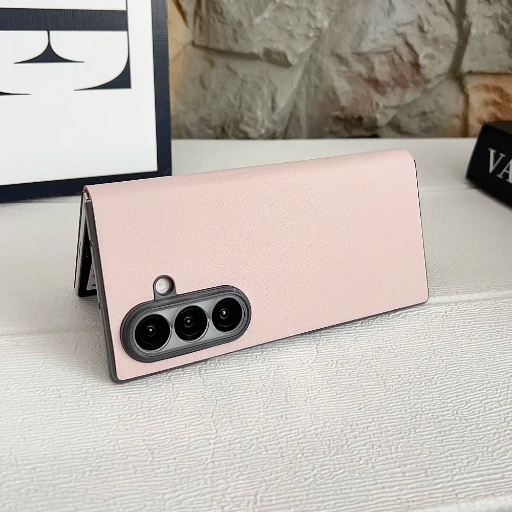 Luxury Business PU Leather Phone Case For Samsung Galaxy Z Fold7 Fold6 Fold5 Solid Color Shockproof Protection Shell