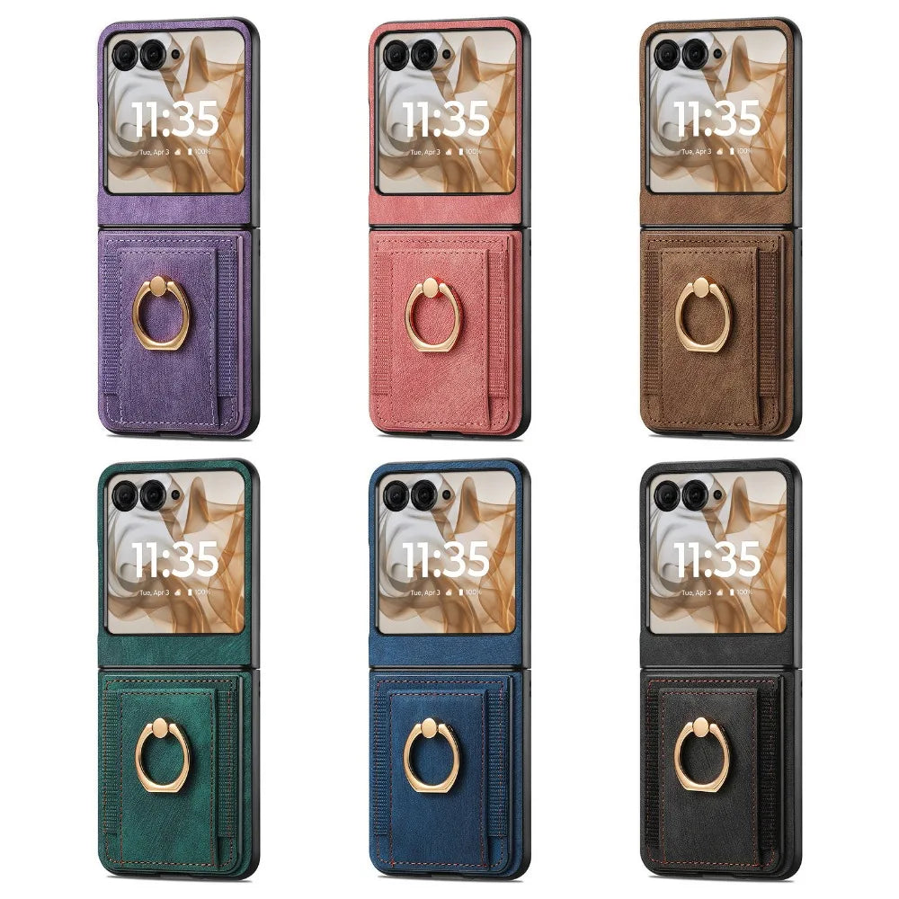 For Motorola Razr 50 Ultra Mooto Razr40 Retro Plain PU Leather Card Slot Holder Wallet Phone Case Ring Bracket Shockproof Cover