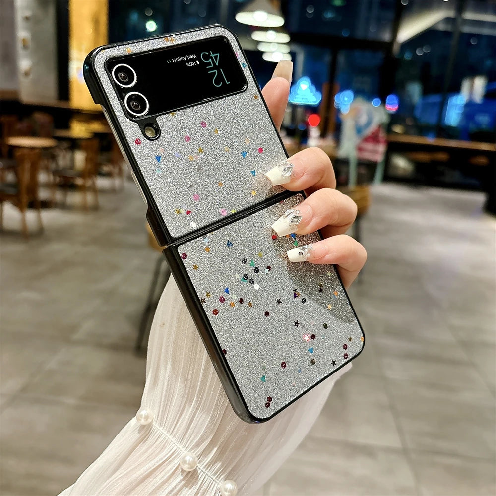 Luxury Glitter Solid Color Phone Case For Samsung Galaxy Z Flip 3 Z Flip 4 Z Flip 5 Lens Protection Shiny Shockproof Back Cover