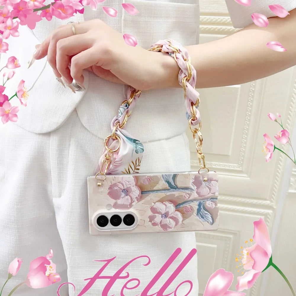 Classic Stylish Silk Wrist Strap Floating Flower Hard Phone Case for Samsung Galaxy Z Fold 7 5G 2025 Dopamine Protective Cover