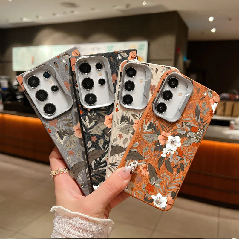 Flower Leaves Case For Samsung Galaxy A55 A35 A25 A15 5G A54 A34 A14 A53 A52 A16 S20 S21 FE S22 S23 S24 Ultra Leather Texture