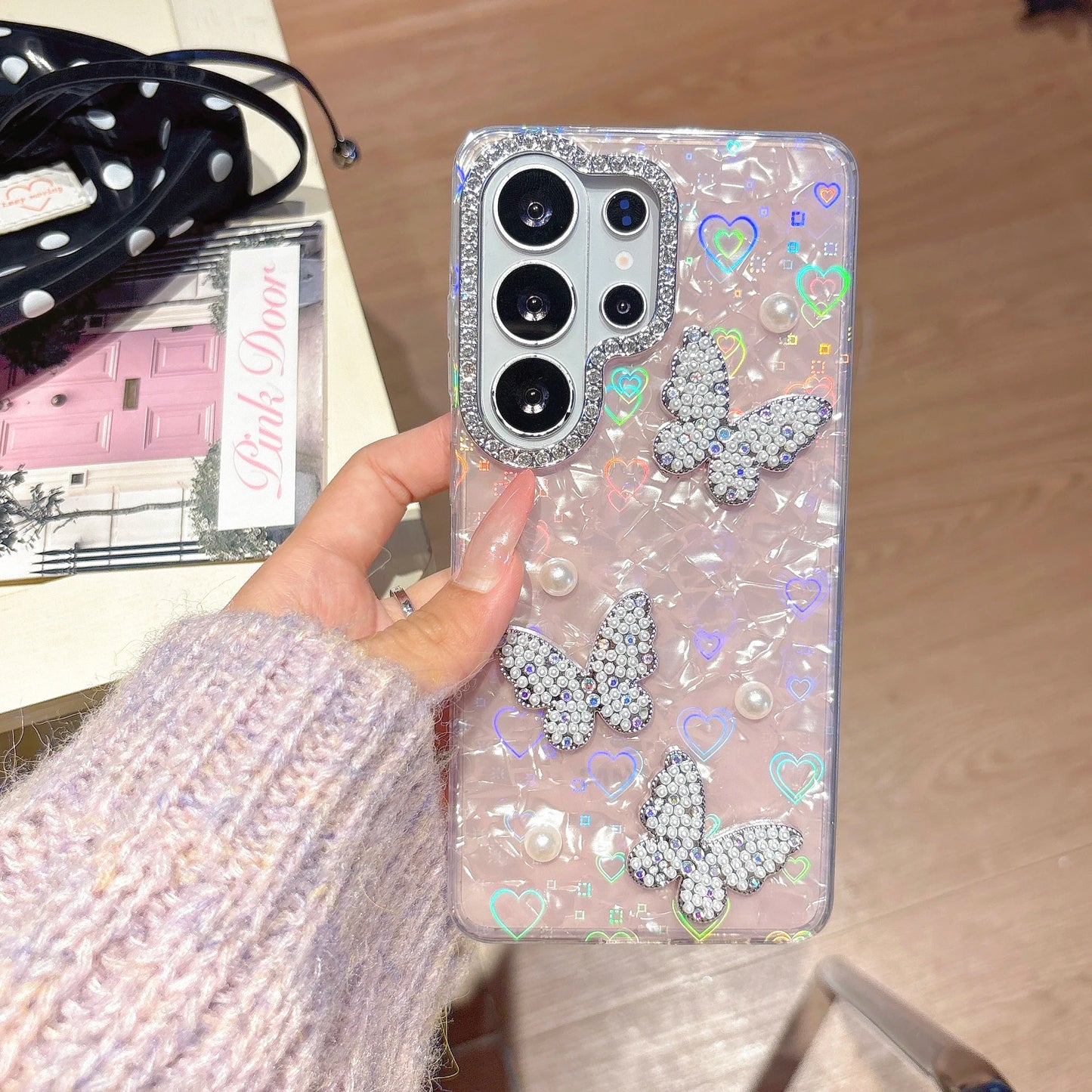 Pearl Butterfly Cover For Samsung Galaxy S26 S25 S24 S23 Ultra Plus FE Edge S26ULTRA Luxury Shining Love Heart Phone Case