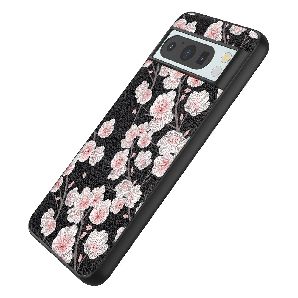 Back Cover Leather Case for Google Pixel 4 XL 4A 5 5A 5G 6 Pro 6A 7 Pro 7A 8 Pro 8A High Quality with Black Flower Pattern Print