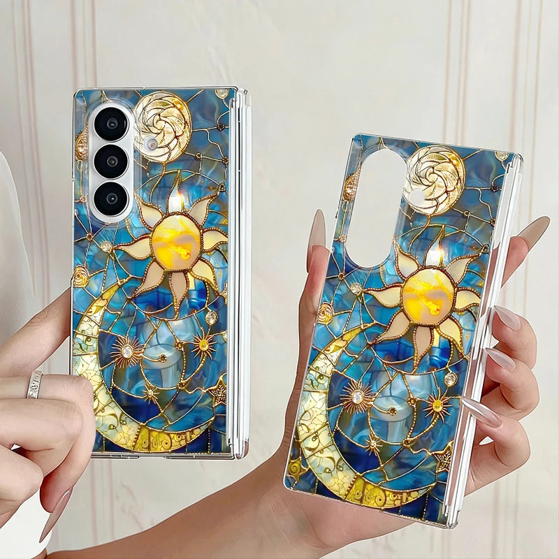Clear Magnetic Auto Adsorption Phone Case For Samsung Galaxy Z Fold 7 6 Fold7 Fold6 Fold5 5G Vintage Moon Print Hard PC Cover
