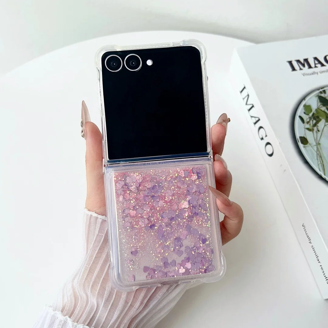 Glitter Quicksand Love Heart Case for Samsung Galaxy Z Flip 6 5 4 3 7 flip6 ZFlip 5 Colorful Bling Shockproof fold back Cover