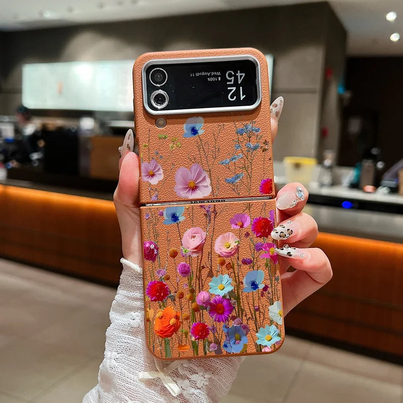 For Samsung Galaxy Z Flip 7 6 5 4 3 5G Luxury Leather Phone Case Retro Flowers Soft TPU Folding Cover For Samsung Z Flip5 Flip3
