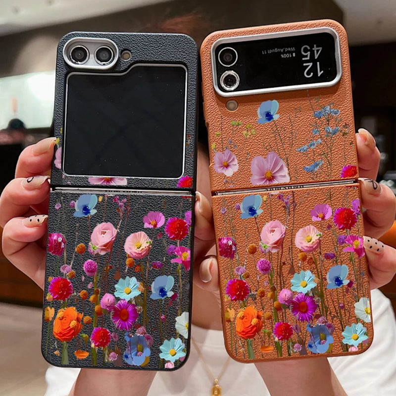 For Samsung Galaxy Z Flip 7 6 5 4 3 5G Luxury Leather Phone Case Retro Flowers Soft TPU Folding Cover For Samsung Z Flip5 Flip3