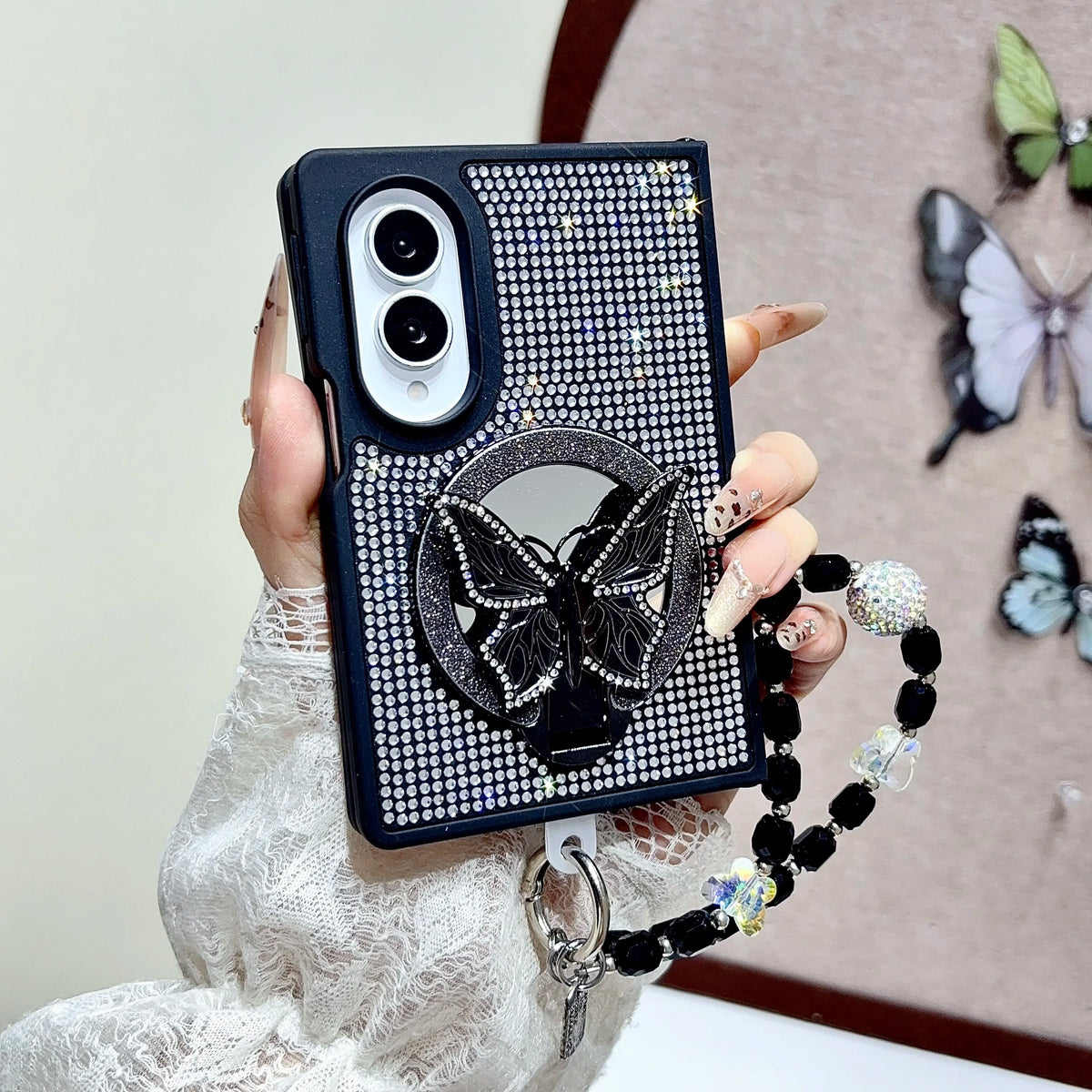 Full Diamond Butterfly Mirror Stand‌ Phone Case for Samsung Galaxy Z Fold8 Fold 8 Wide Shockproof Fashion Strap Slim Fit Cover