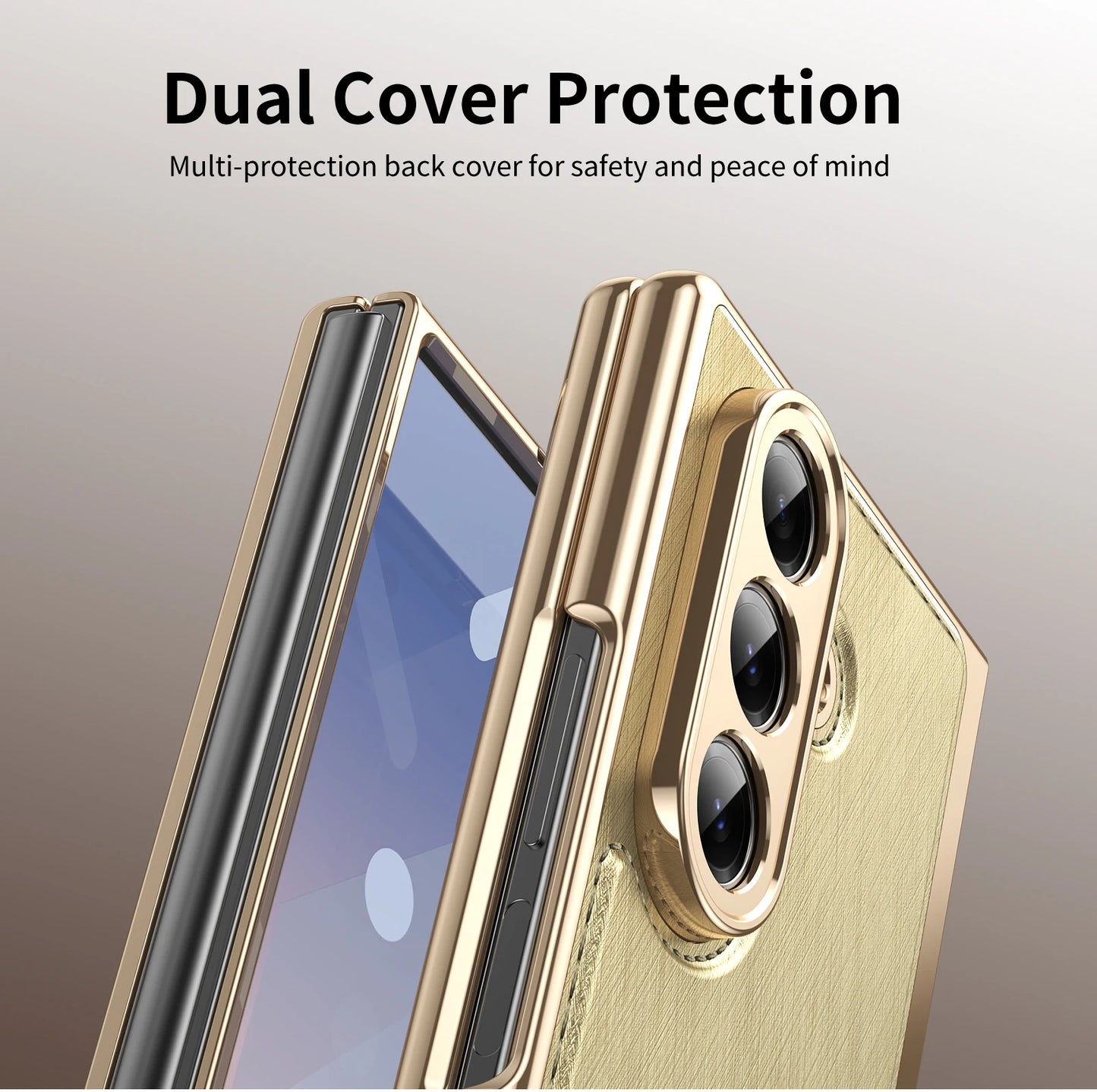 Golden Border Leather Phone Case with Steel Film for Samsung Galaxy Z Fold 7 6 5 4 3 Fold6 Hinge Protection Shockproof Cover