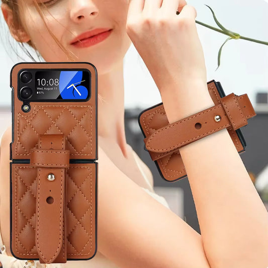 Leather Wristband Phone Case for Samsung Galaxy Z Flip 5 4 5G Flip5 Zflip 6 Wrist Strap Thin Skin Feeling Shockproof Stand Cover